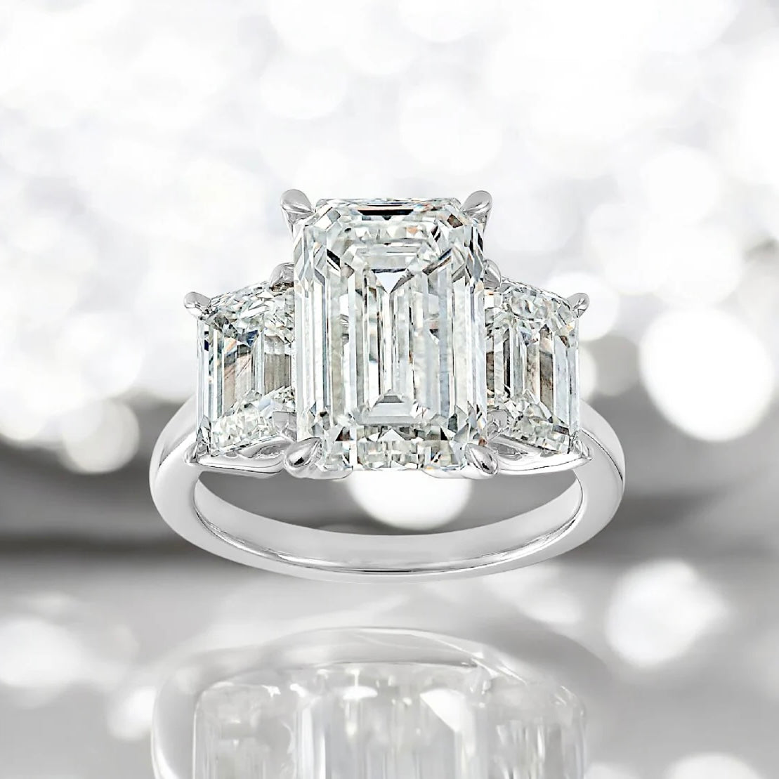 1 _ 9.99 Carats Three Stones Emerald Shape Earth-mined Diamond Ring, 950 Platinum