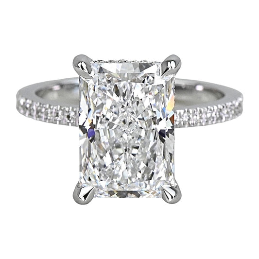 5.9 Carats Radiant Diamond Petite Pave Ring with Diamond Prongs, 950 Platinum