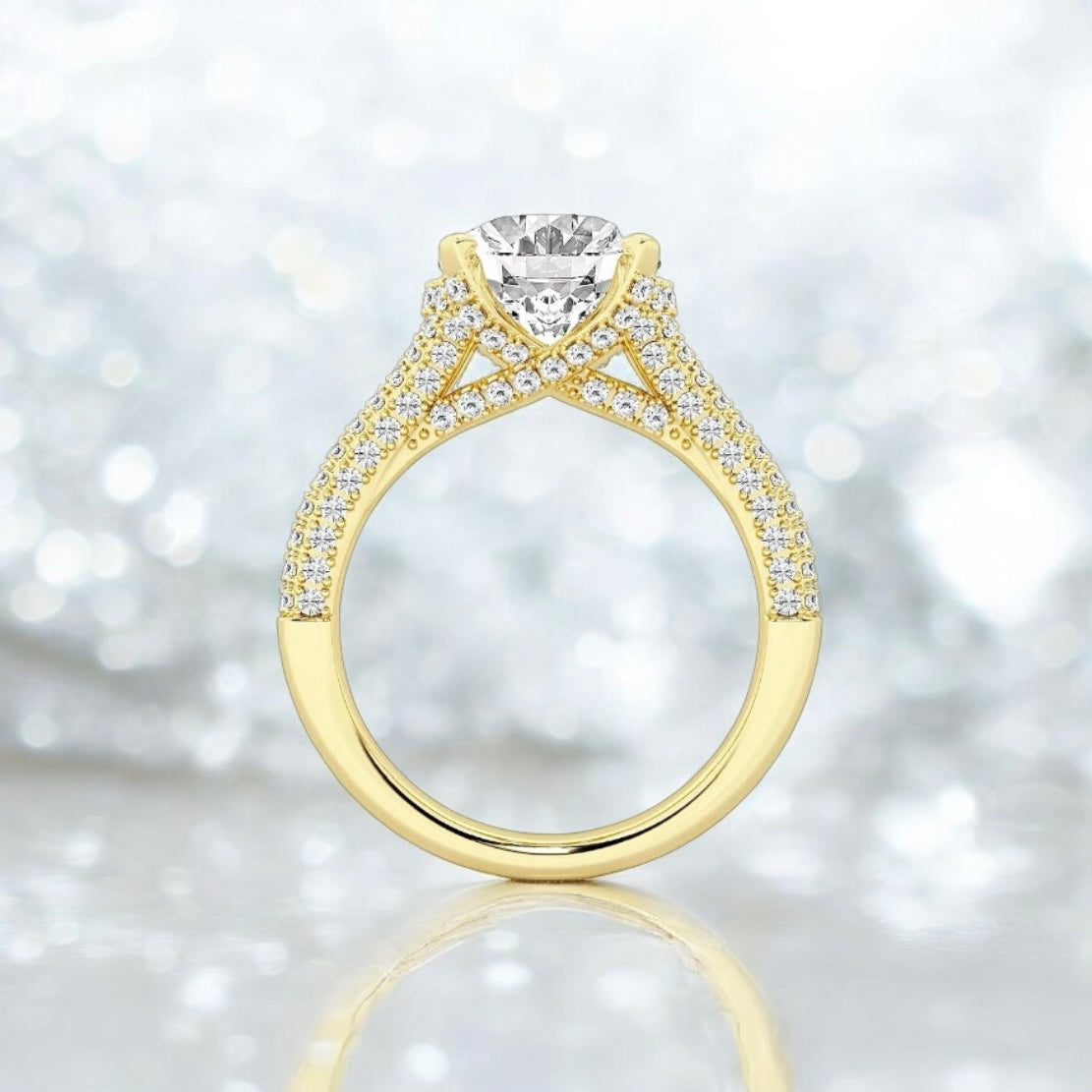 4.5 Carats Oval Lab Grown Diamond Split Shank X Side Stone Ring, 18K Yellow Gold