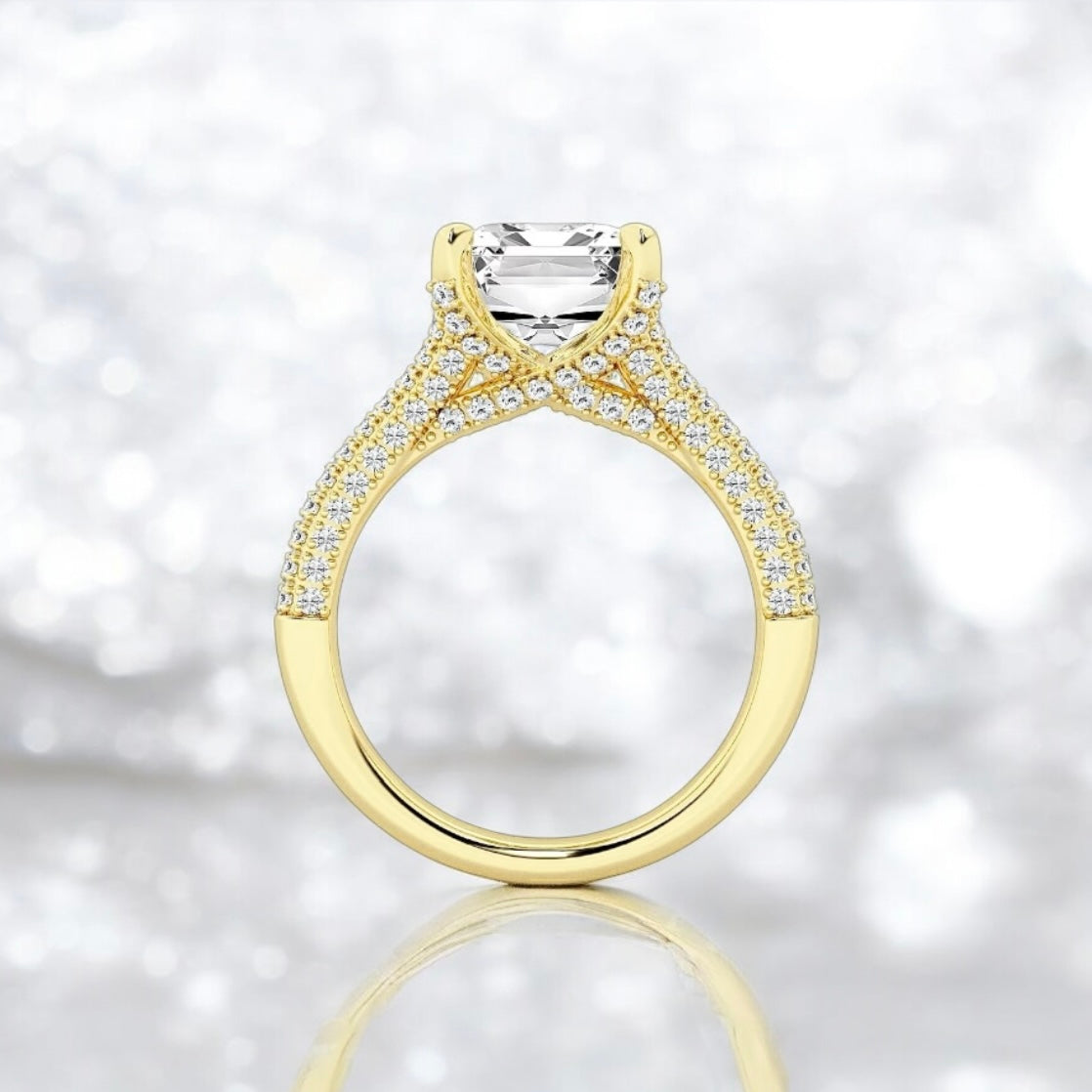4.5 Carats Emerald Cut Lab Grown Diamond Split Shank X Side Stone Ring, 18K Yellow Gold