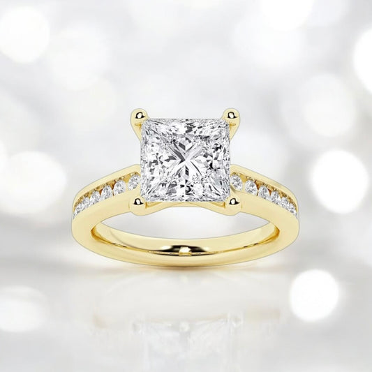 3.3 Carats Princess Lab Grown Diamond Ring with Channel Set Side Accents, 18K Yellow Gold