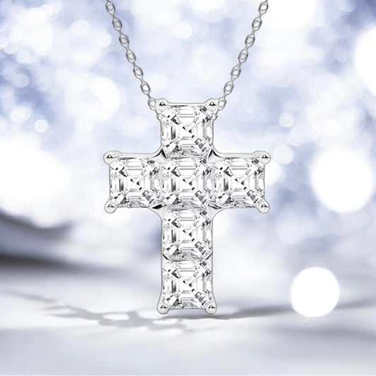 6 Carats Asscher Lab Grown Diamond Cross Pendant, 950 Platinum