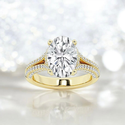 4.5 Carats Oval Lab Grown Diamond Split Shank X Side Stone Ring, 18K Yellow Gold