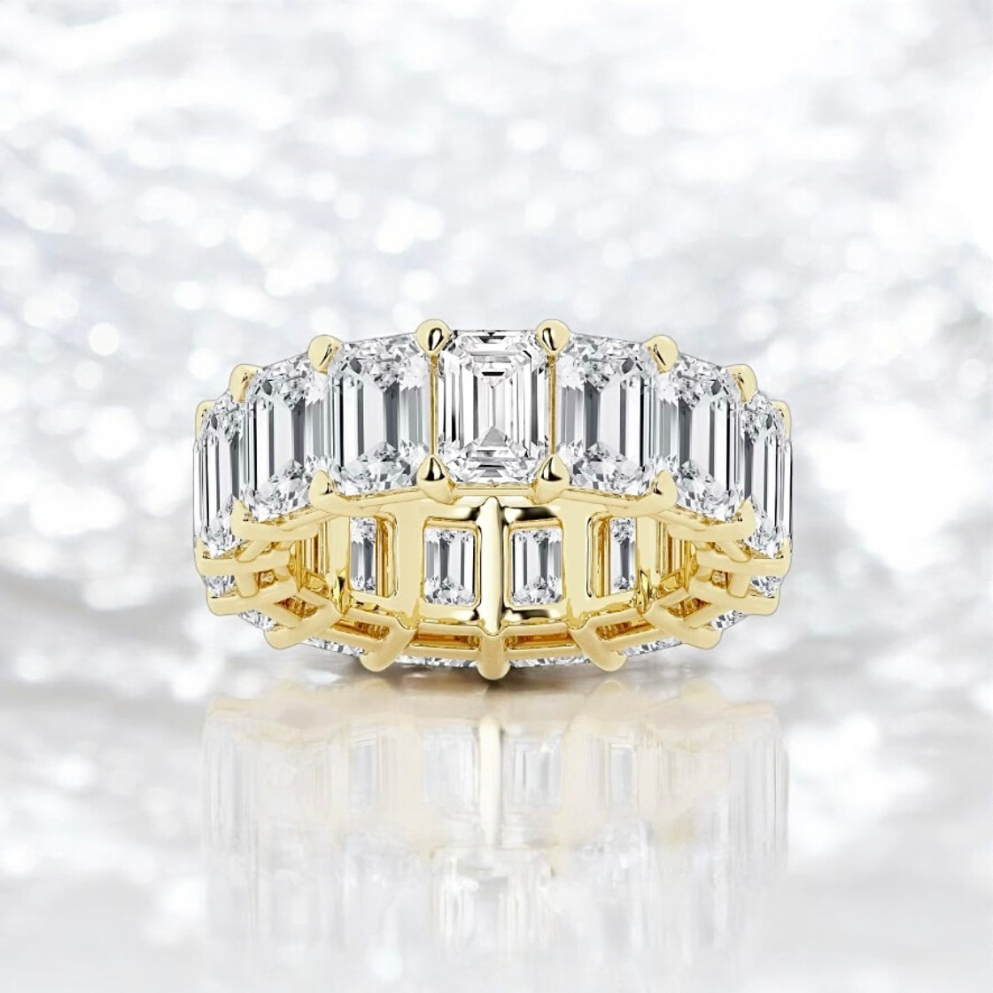 15 Carats Emerald Cut Lab Grown Diamond Eternity Band - 6.8mm Width, 18K Yellow Gold
