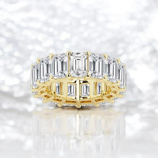 15 Carats Emerald Cut Lab Grown Diamond Eternity Band - 6.8mm Width, 18K Yellow Gold