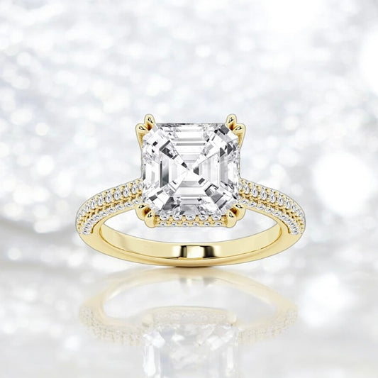 5 Carats Asscher Lab Grown Diamond Double Prong Hidden Halo Ring, 18K Yellow Gold