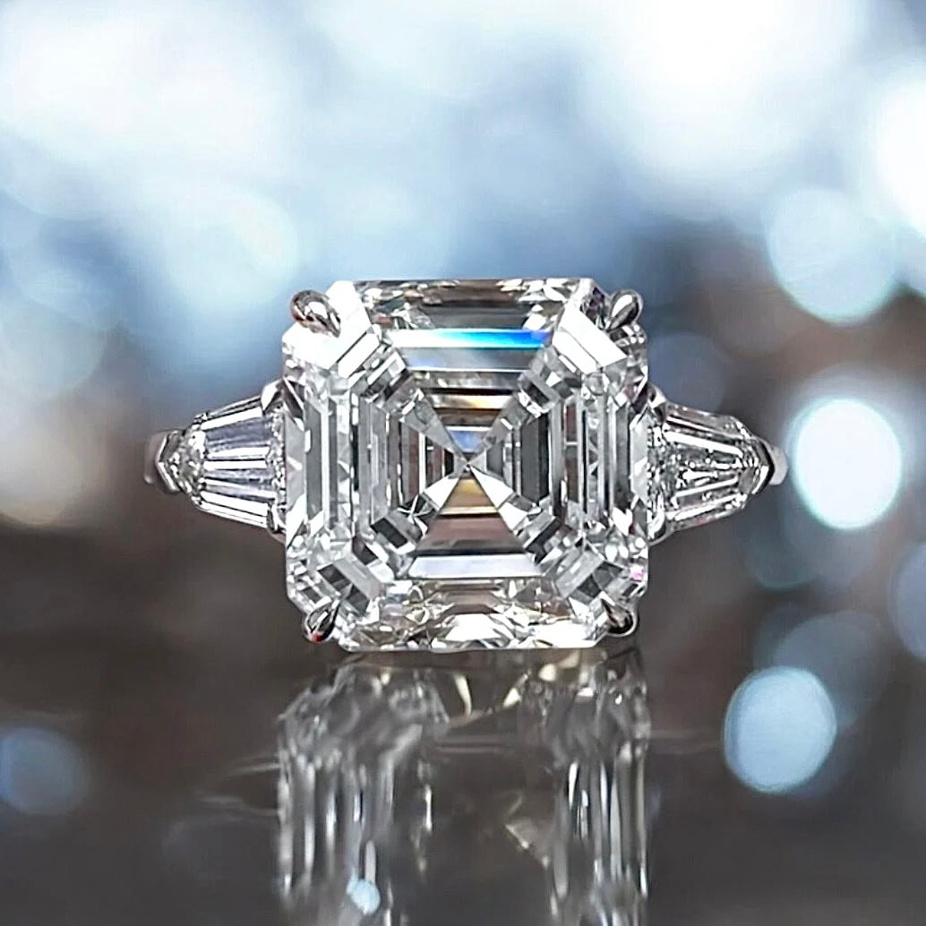 5.5 Carats Asscher Shape Diamond Ring With Baguette Side Stones, 950 Platinum