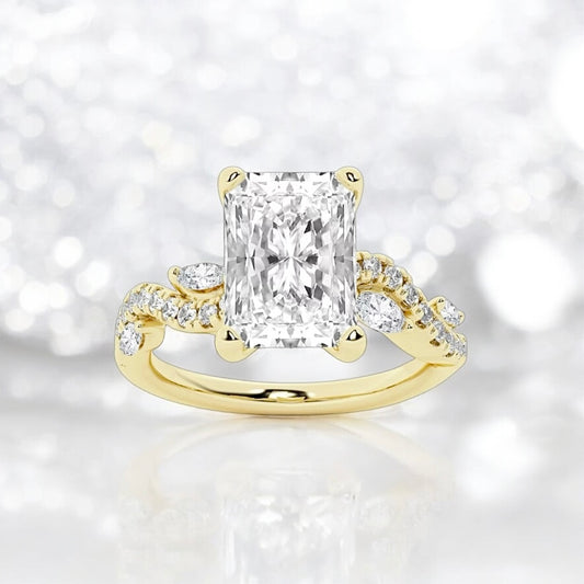 2.5 Carats Radiant Lab Grown Diamond Marquise Vine Ring, 18K Yellow Gold