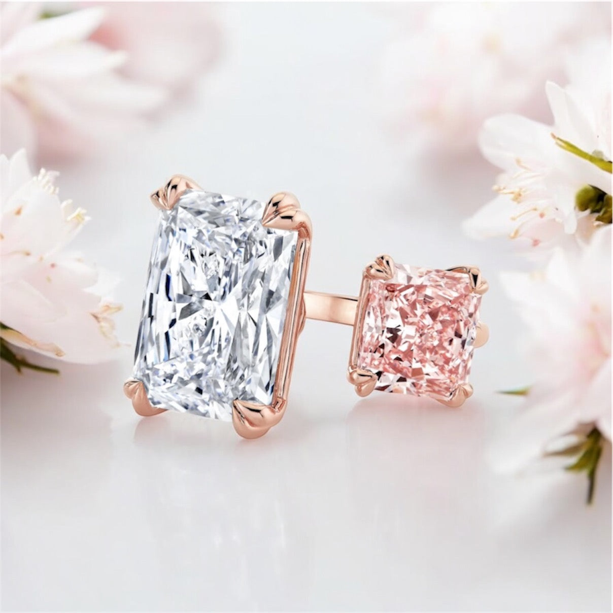 1 _ 11.19 carats Radiant Cut Two Stone Diamond Ring, 18K Rose Gold (High Jewelry)