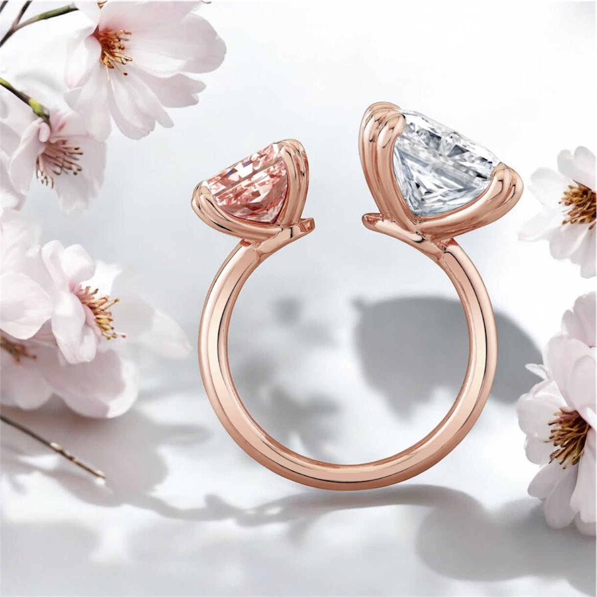 1 _ 11.19 carats Radiant Cut Two Stone Diamond Ring, 18K Rose Gold (High Jewelry)