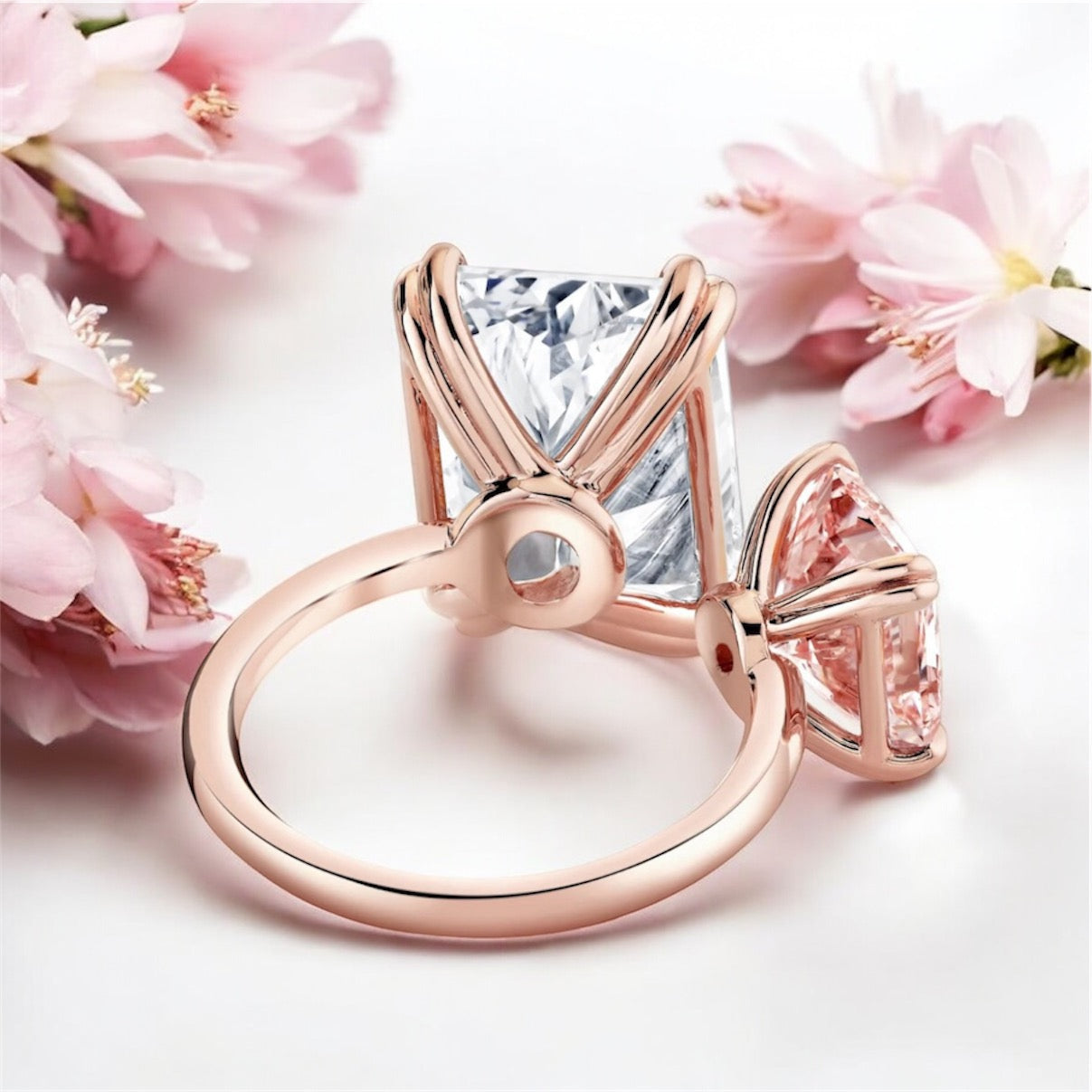 1 _ 11.19 carats Radiant Cut Two Stone Diamond Ring, 18K Rose Gold (High Jewelry)