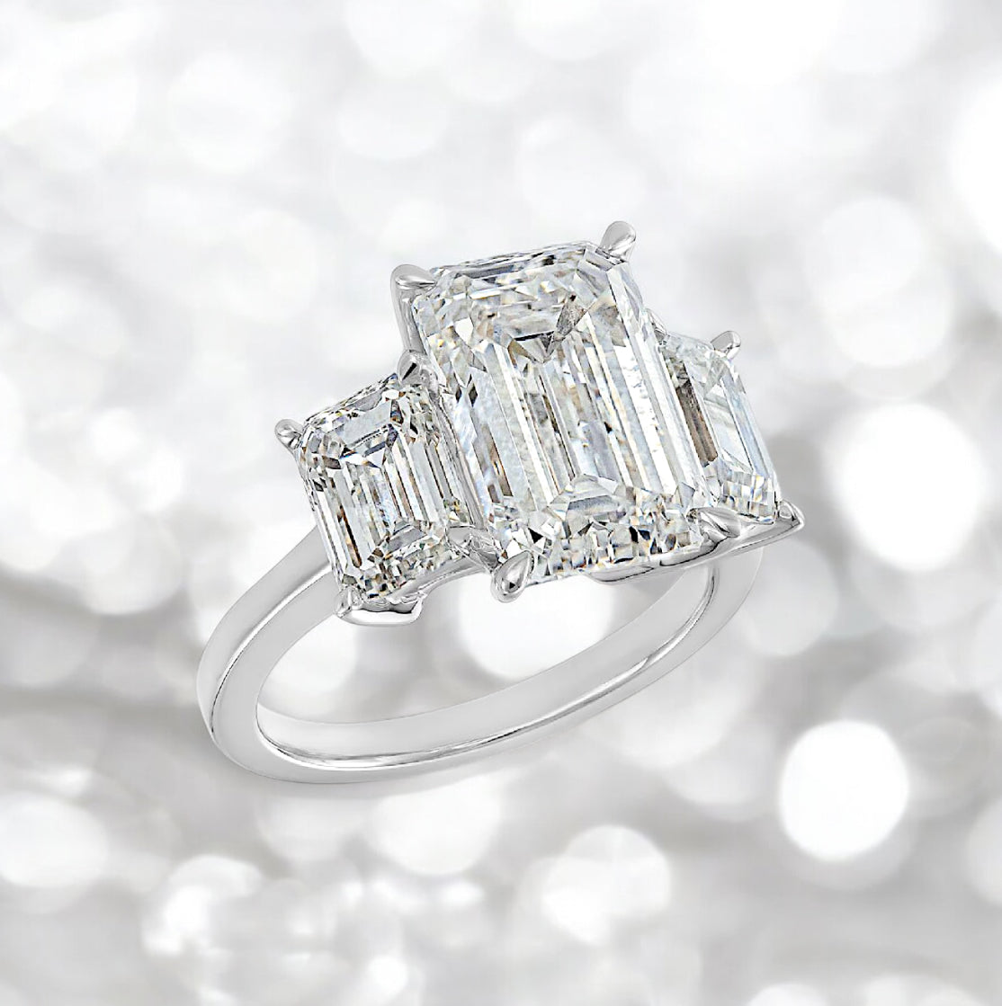 1 _ 9.99 Carats Three Stones Emerald Shape Earth-mined Diamond Ring, 950 Platinum
