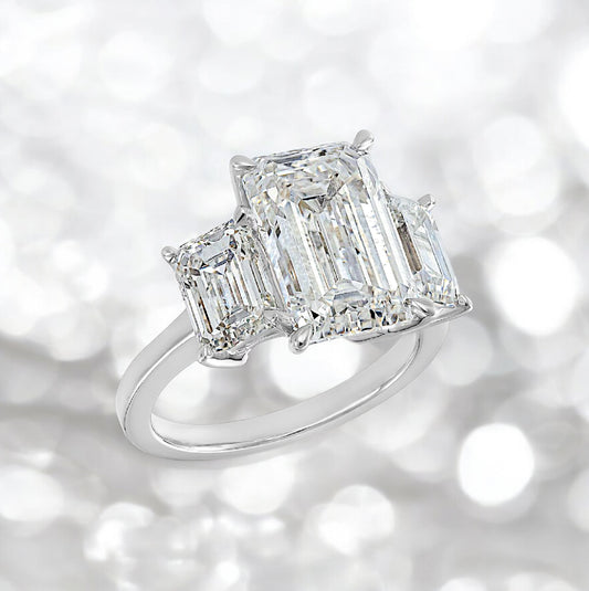 1 _ 9.99 Carats Three Stones Emerald Shape Earth-mined Diamond Ring, 950 Platinum